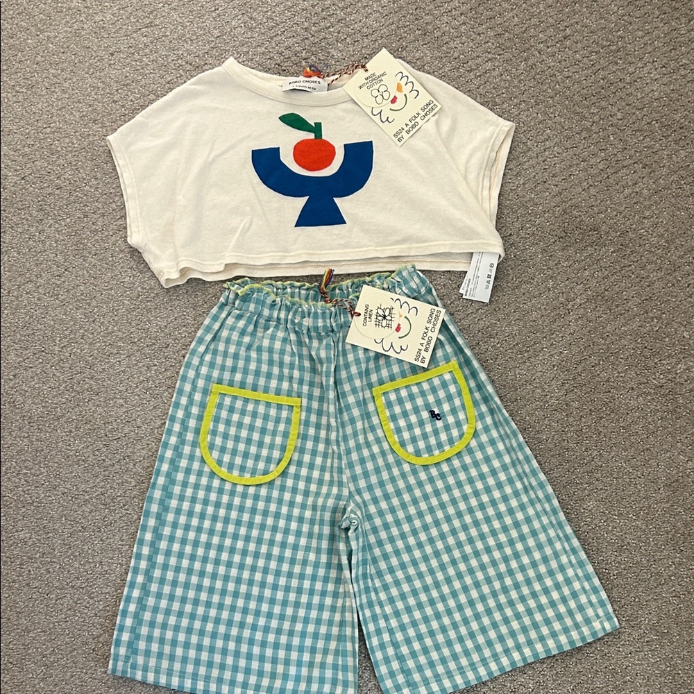 Cream Crop Top and Blue Gingham Pants Set
